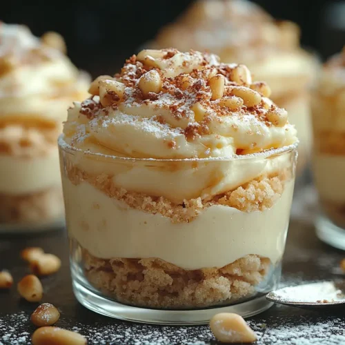 A close-up of an Italian dessert, Grandma’s Cream (Crema della Nonna), served in a glass cup. The dessert features layers of creamy custard and crumbled biscuits, topped with toasted pine nuts, powdered sugar, and a dusting of cocoa. Additional pine nuts and a spoon with powdered sugar rest on a dark surface in the background.