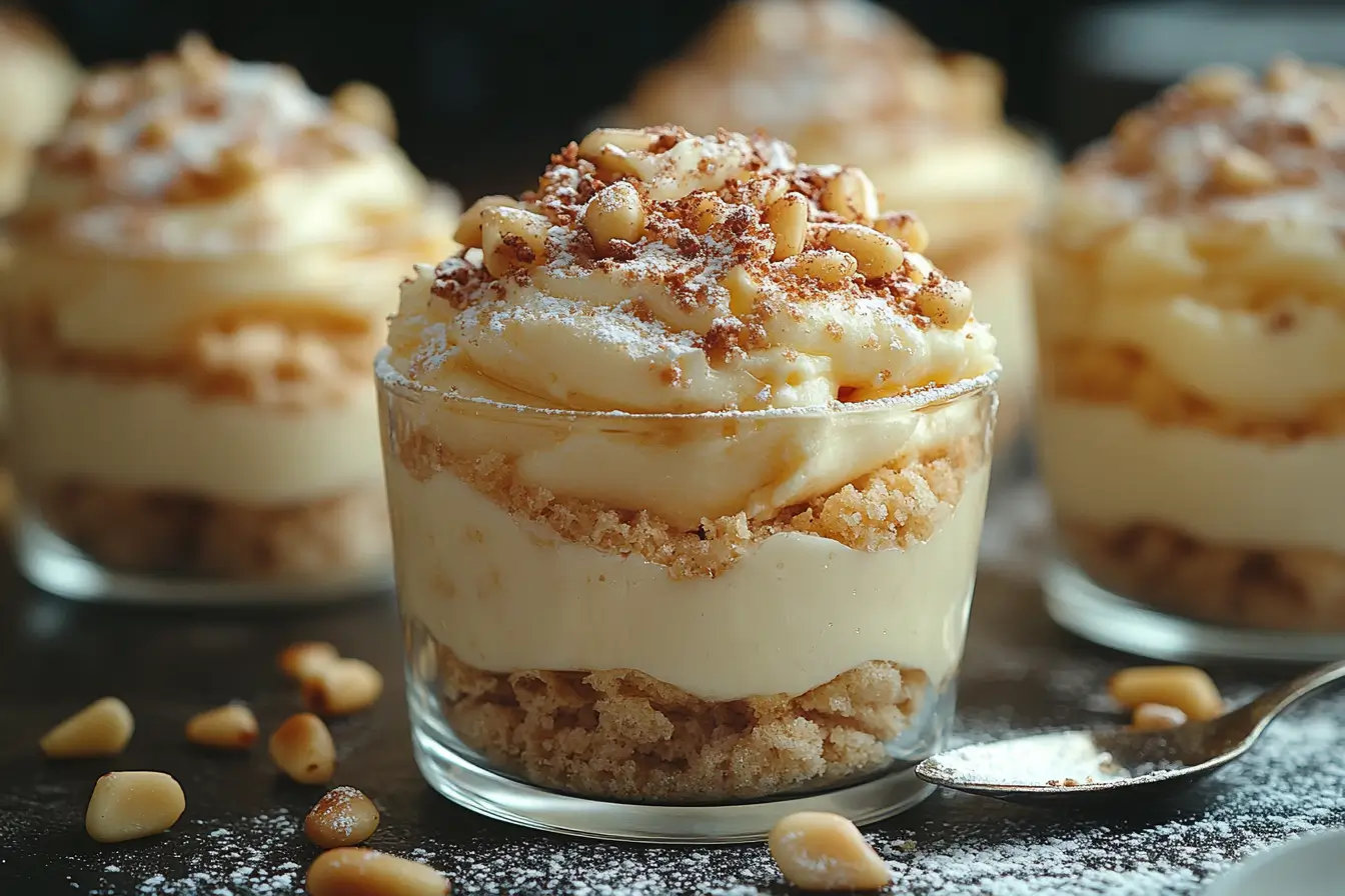 A close-up of an Italian dessert, Grandma’s Cream (Crema della Nonna), served in a glass cup. The dessert features layers of creamy custard and crumbled biscuits, topped with toasted pine nuts, powdered sugar, and a dusting of cocoa. Additional pine nuts and a spoon with powdered sugar rest on a dark surface in the background.