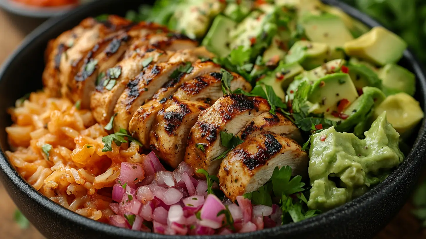 A grilled chicken bowl with seasoned rice, diced red onions, fresh avocado, guacamole, and cilantro garnish in a black dish.