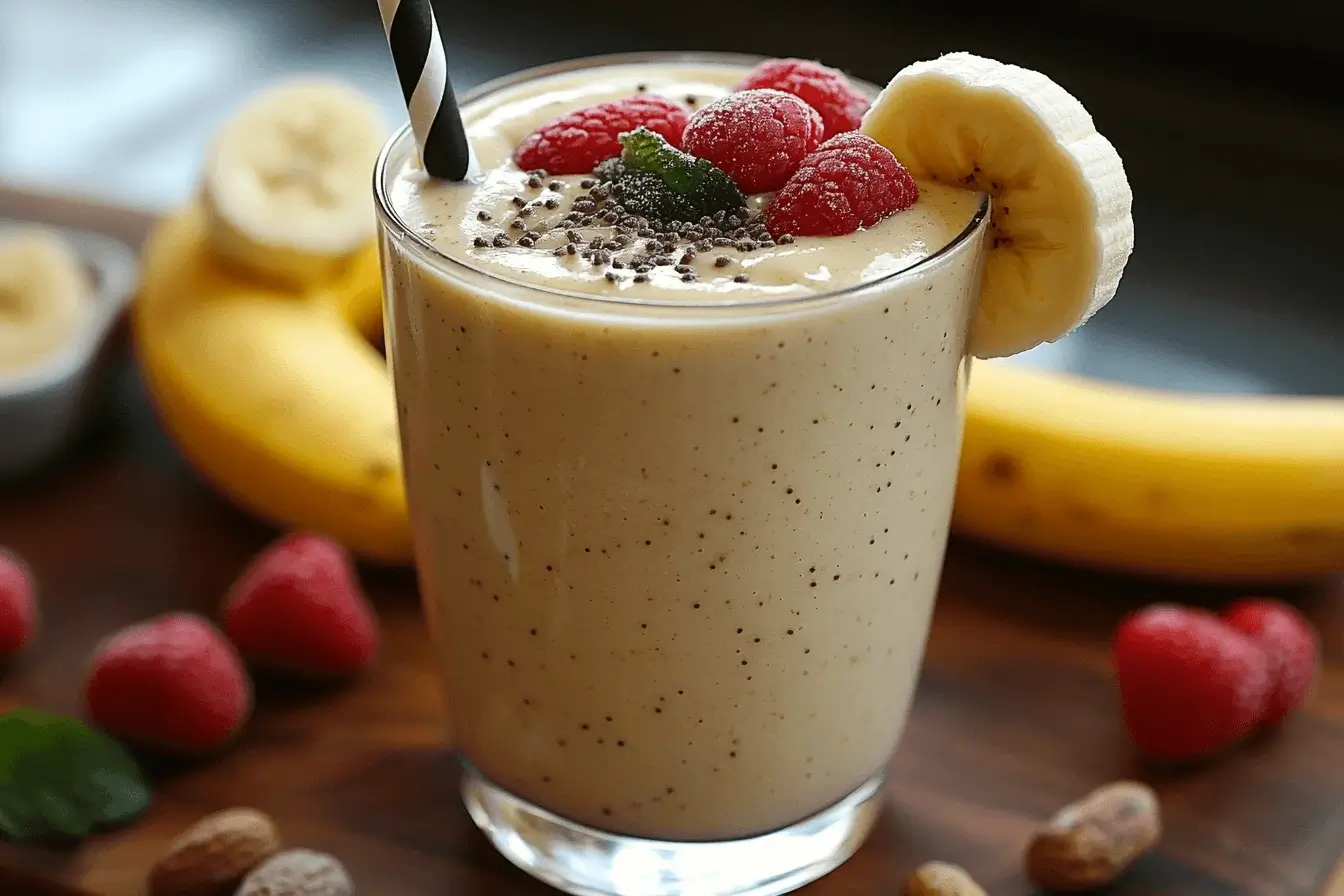 A delicious and creamy peanut butter banana smoothie in a glass, topped with raspberries, chia seeds, and a banana slice, with fresh bananas and nuts in the background.