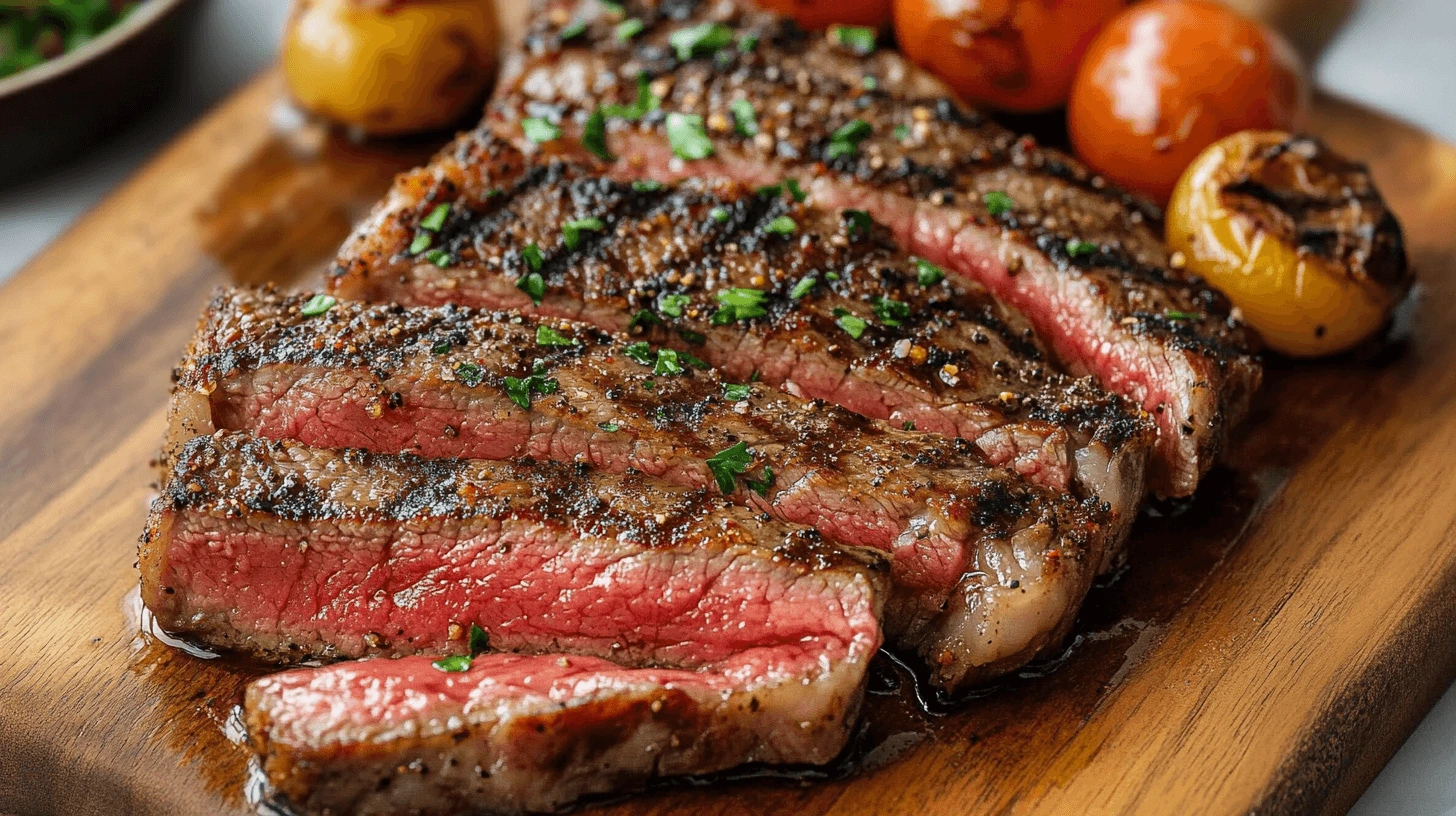 Perfectly grilled strip steak sliced and served on a wooden board with roasted cherry tomatoes.