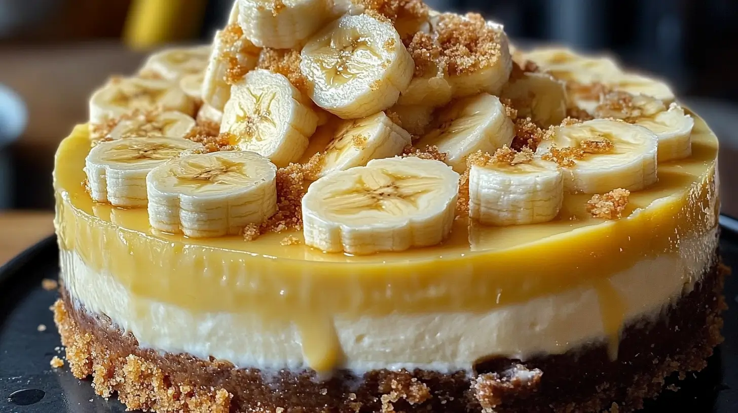 Banana caramel cheesecake topped with caramel drizzle and fresh banana slices