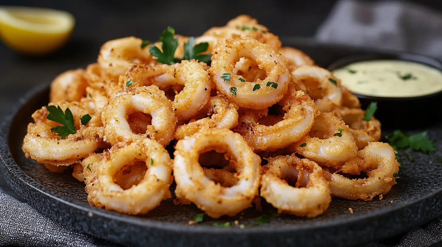 Plate of crispy fried calamari rings garnished with parsley, served with a dipping sauce and lemon wedge