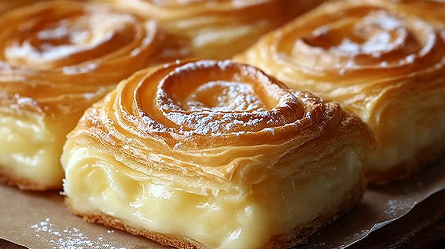 Golden, Creamy Custard Danish Pastries vanilla filling, dusted with powdered sugar, placed on parchment paper.