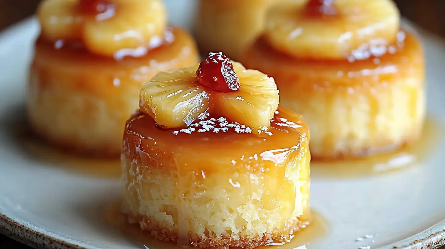 Close-up of mini pineapple upside-down cakes with caramelized pineapple rings, a cherry center, and a glossy caramel glaze, served on a plate.