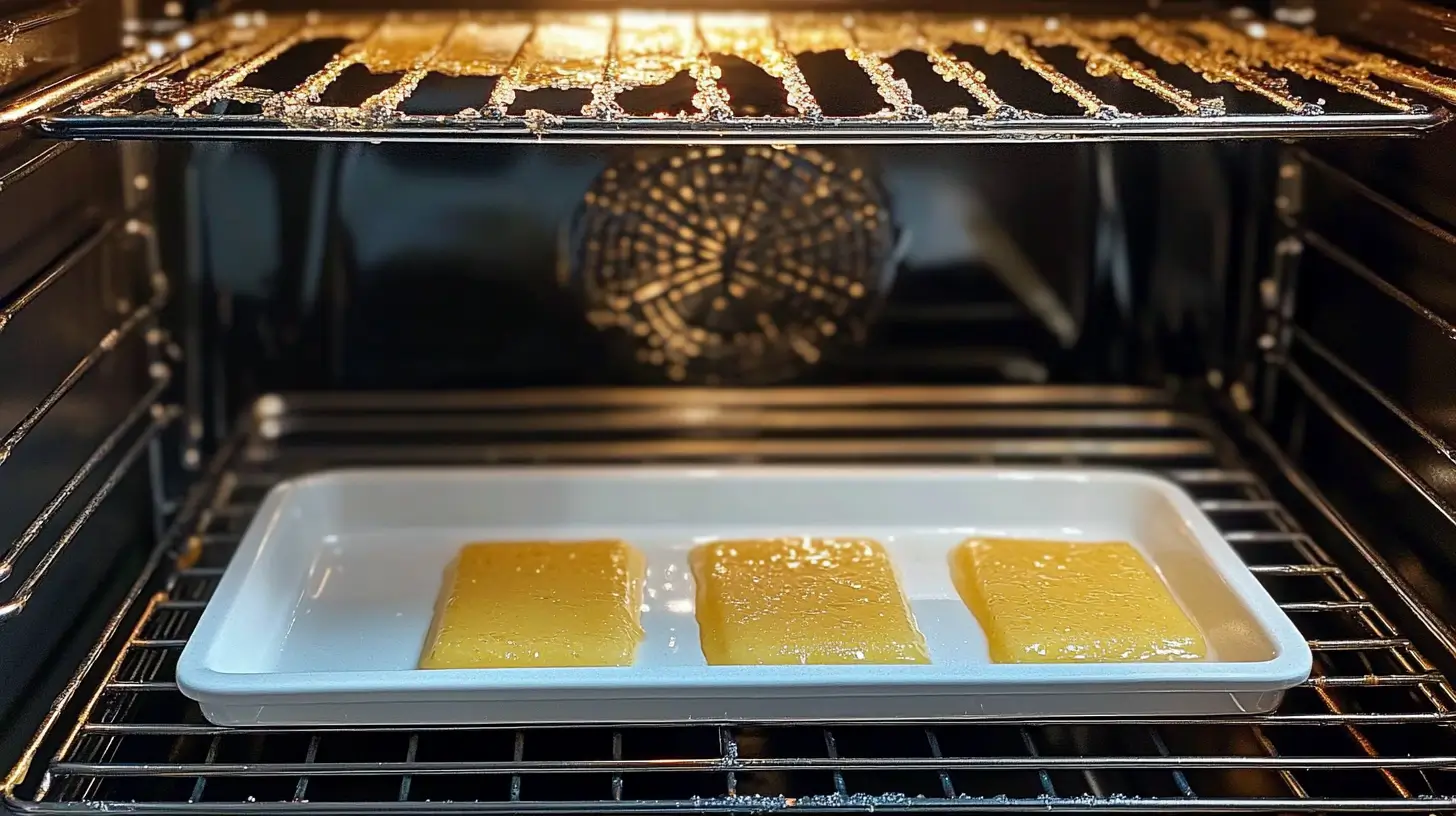 Burnt oil residue on an oven rack with soap bars melting in a tray below for natural cleaning.