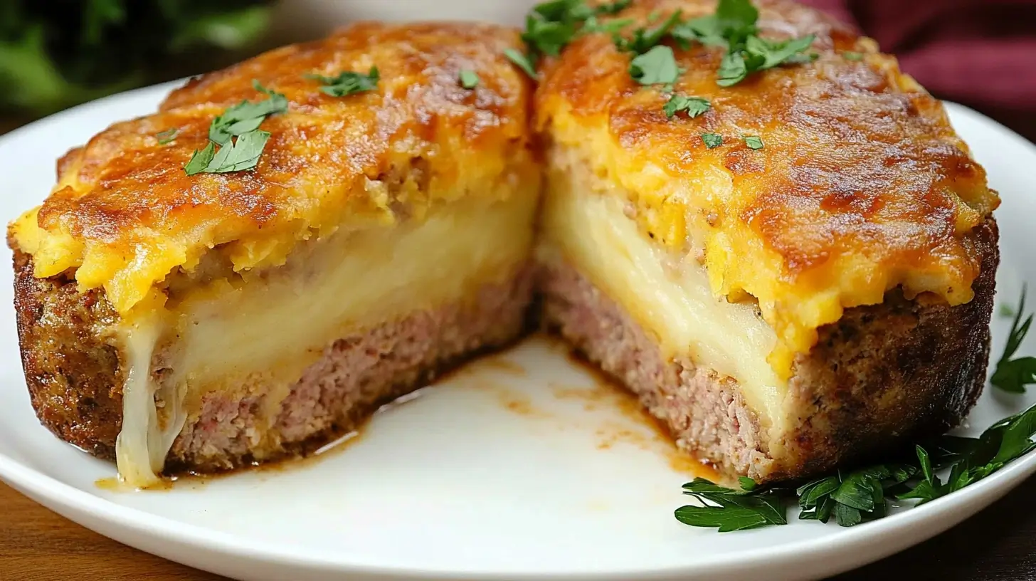 Cheesy stuffed potato meatloaf sliced in half with gooey melted cheese and creamy mashed potatoes.