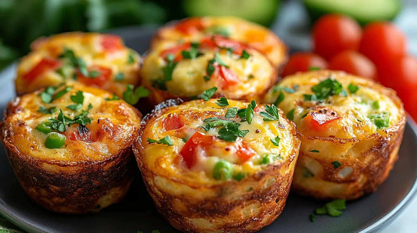 Close-up of golden brown vegetable egg muffins garnished with fresh parsley, served on a dark plate with cherry tomatoes and cucumbers in the background.