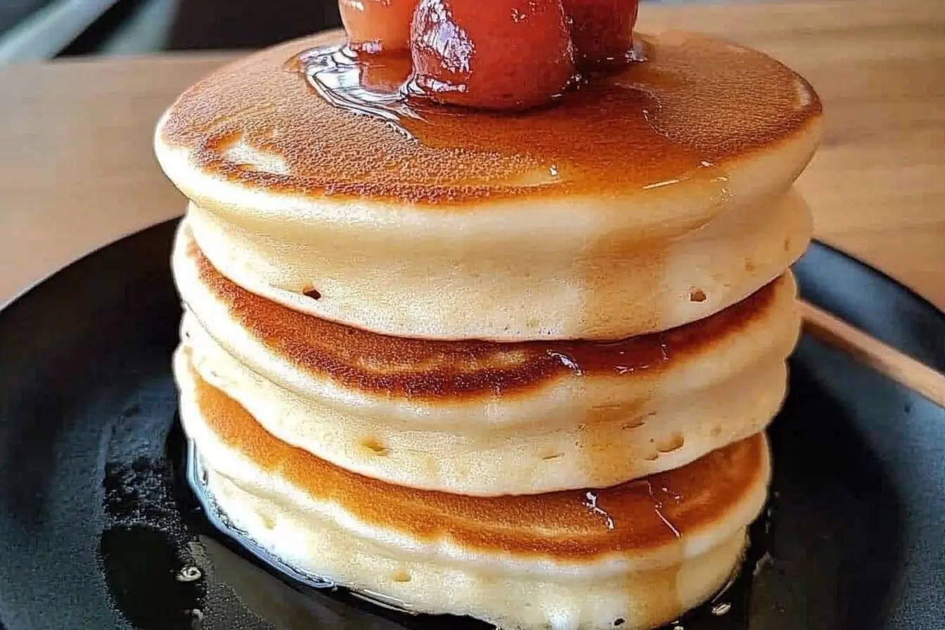 Stack of thick, fluffy Japanese soufflé pancakes drizzled with syrup and topped with glazed cherries on a black plate