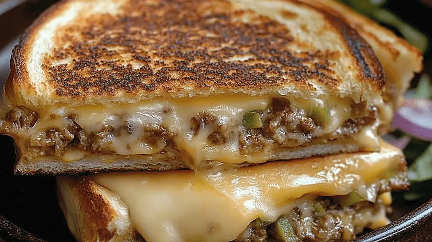 Close-up of a cheesy beef melt sandwich, featuring gooey melted cheese, seasoned beef, and perfectly toasted golden bread.