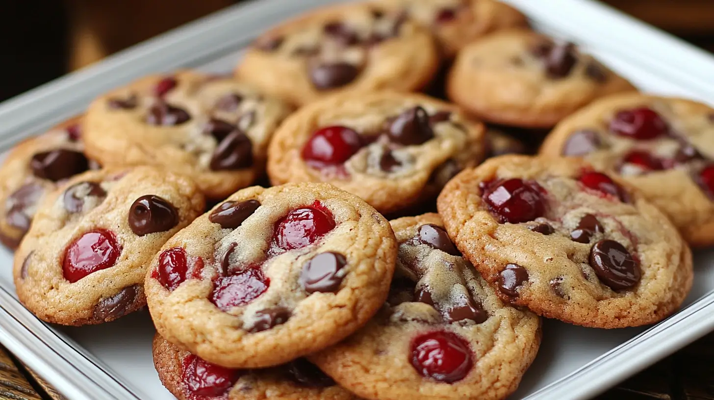 Soft and chewy cookies with melted chocolate chips and red cherries on a white serving plate.
