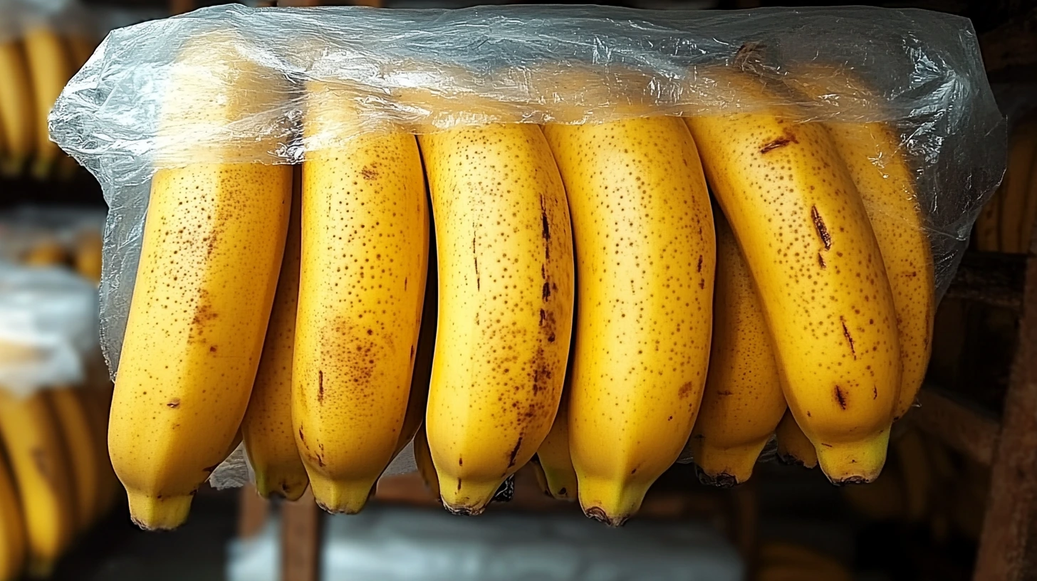 A bunch of ripe bananas wrapped in plastic to preserve freshness.