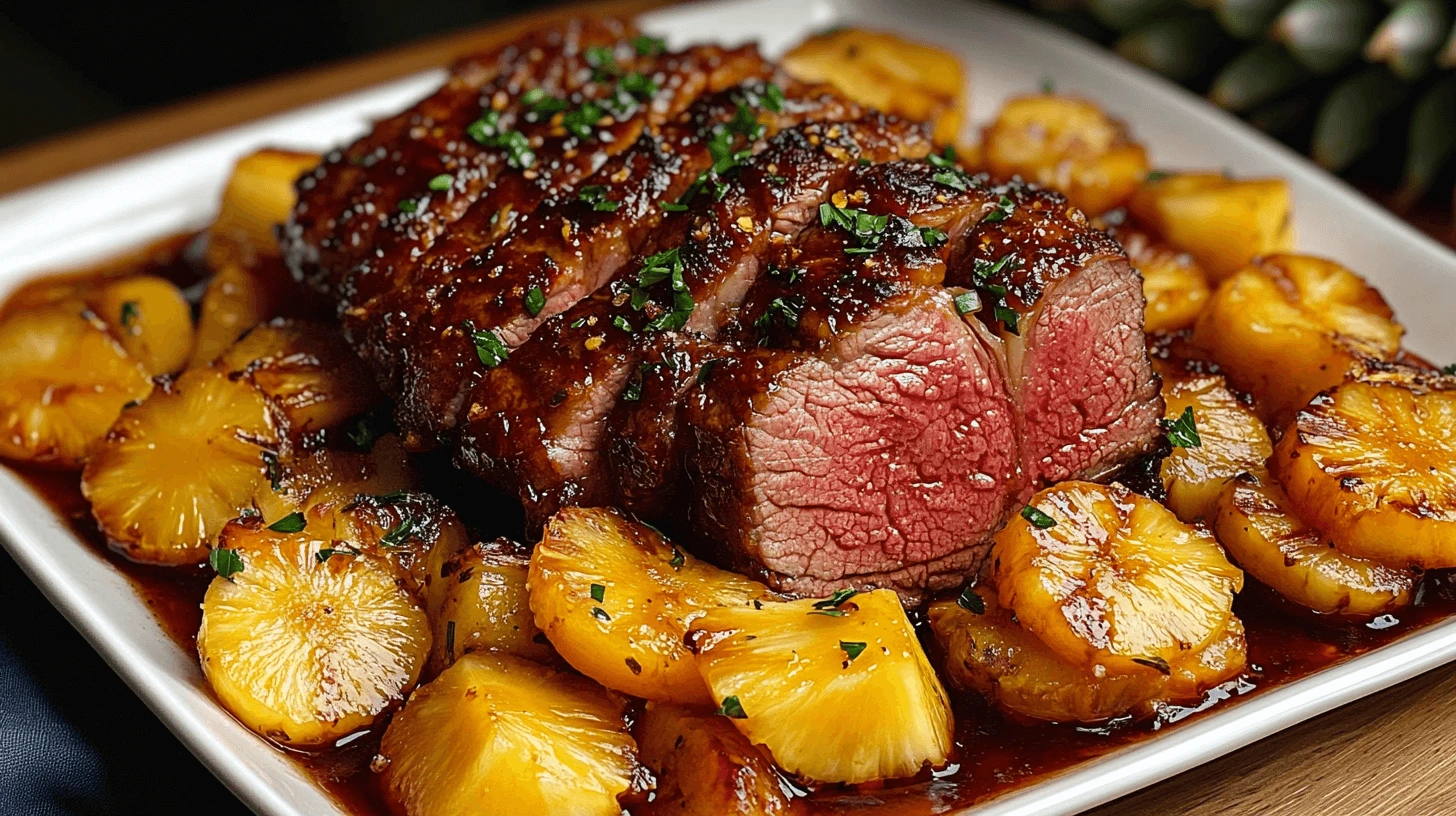 Sticky Pineapple Brown Sugar Glazed Beef with a sticky pineapple , garnished with fresh herbs and served with caramelized pineapple slices on a white plate.