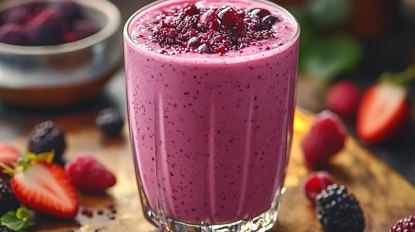 Berry Blast Smoothie in a glass with fresh mixed berries on a rustic wooden table.