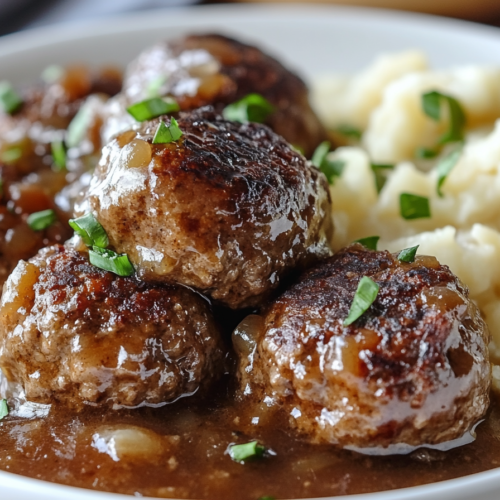 Juicy slow cooker Salisbury steak meatballs coated in rich brown gravy, garnished with fresh chopped parsley, served alongside creamy mashed potatoes on a white plate