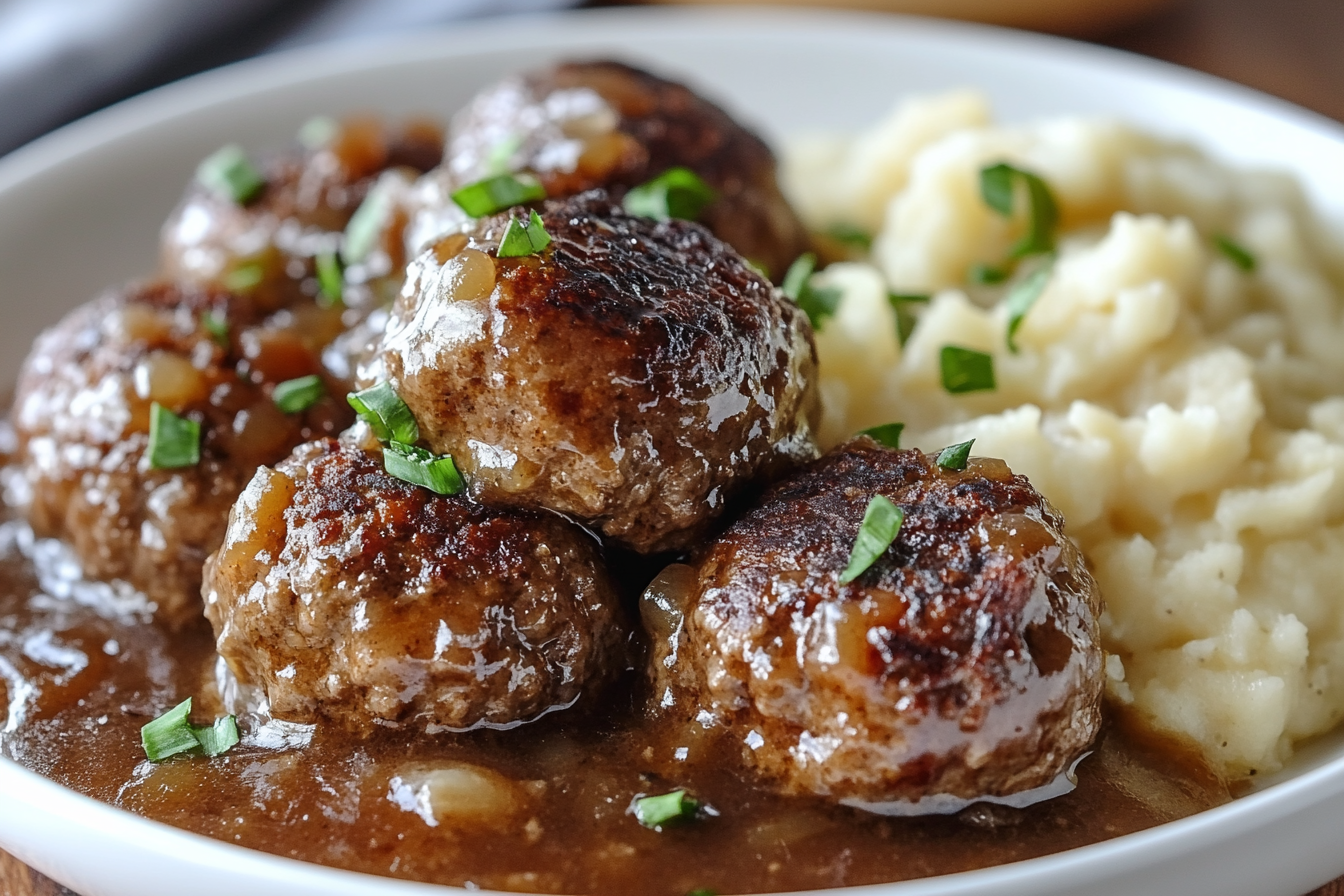 Juicy slow cooker Salisbury steak meatballs coated in rich brown gravy, garnished with fresh chopped parsley, served alongside creamy mashed potatoes on a white plate