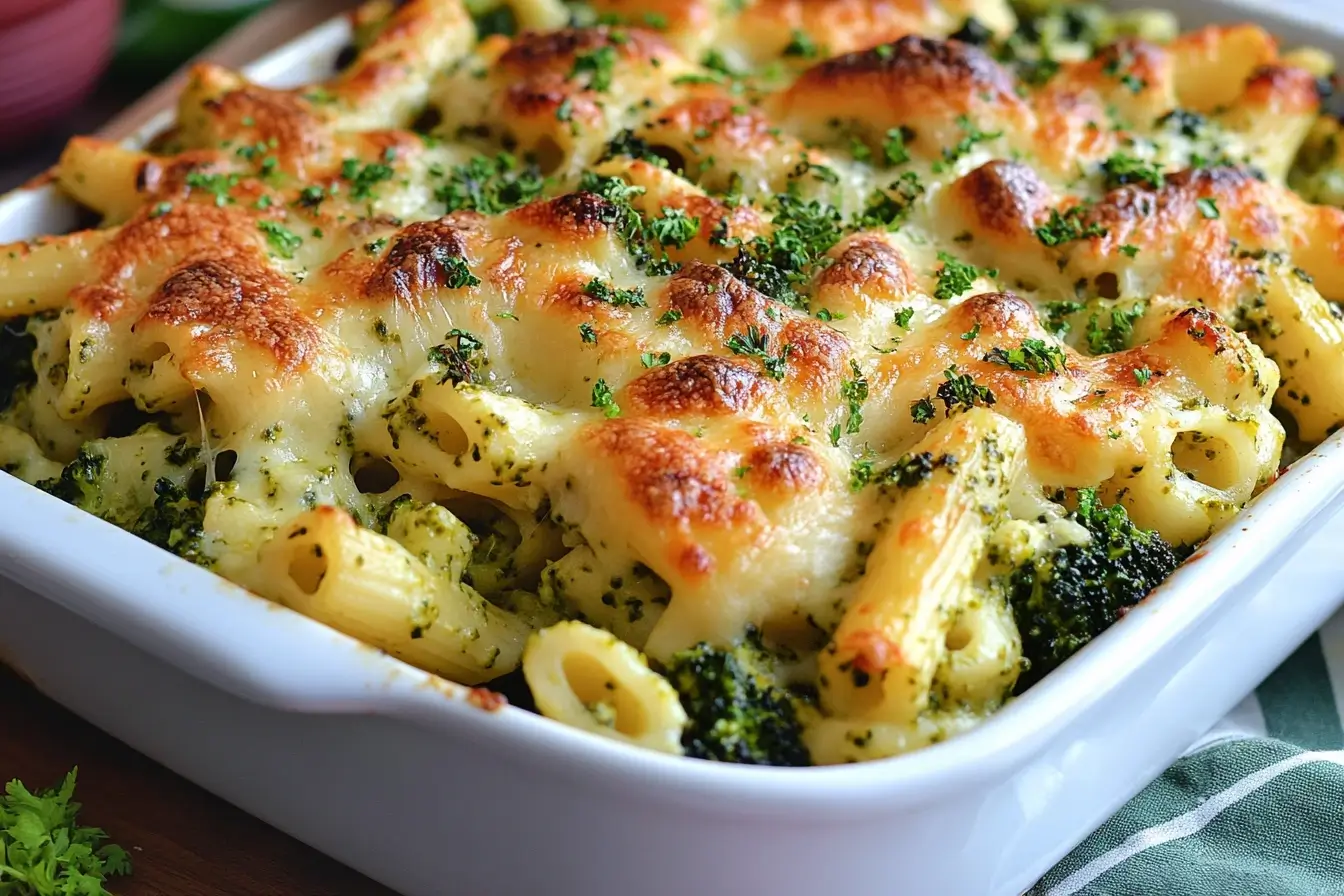 Golden, cheesy Winter Broccoli Pesto Baked Pasta with fresh broccoli and pesto in a white baking dish.