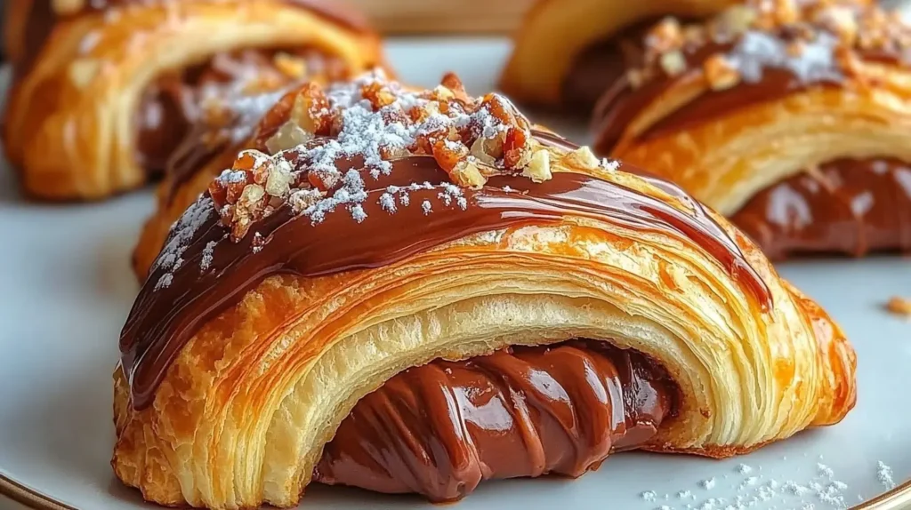 Nutella croissant with chocolate topping, chopped nuts, and powdered sugar.