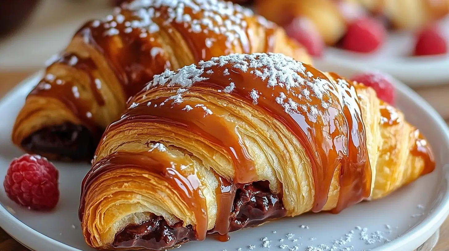 Flaky Nutella croissants with caramel drizzle and powdered sugar.