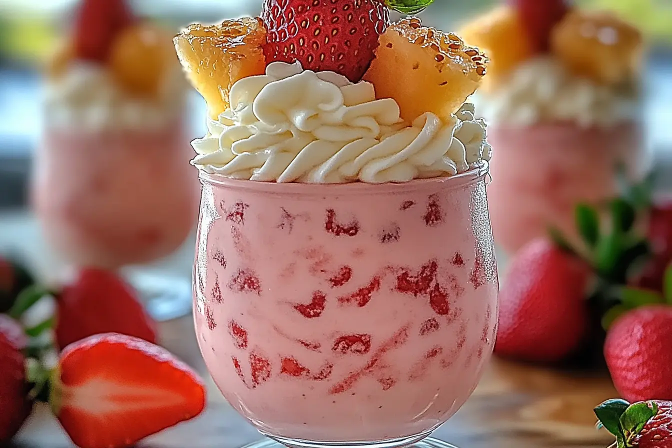 Strawberry Piña Colada cocktail topped with Malibu frosting