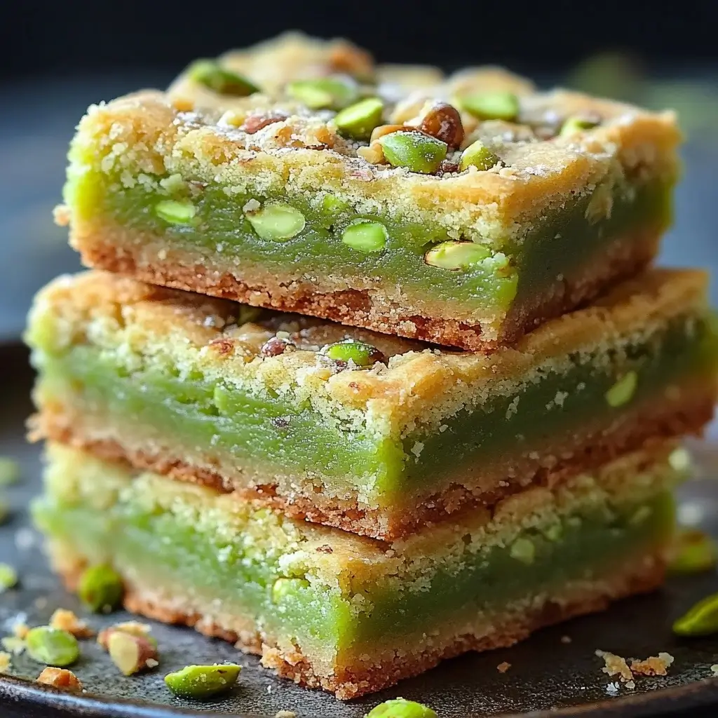 Pistachio Dream Cookie Bars Recipe with layers of shortbread, pistachio filling, and white chocolate