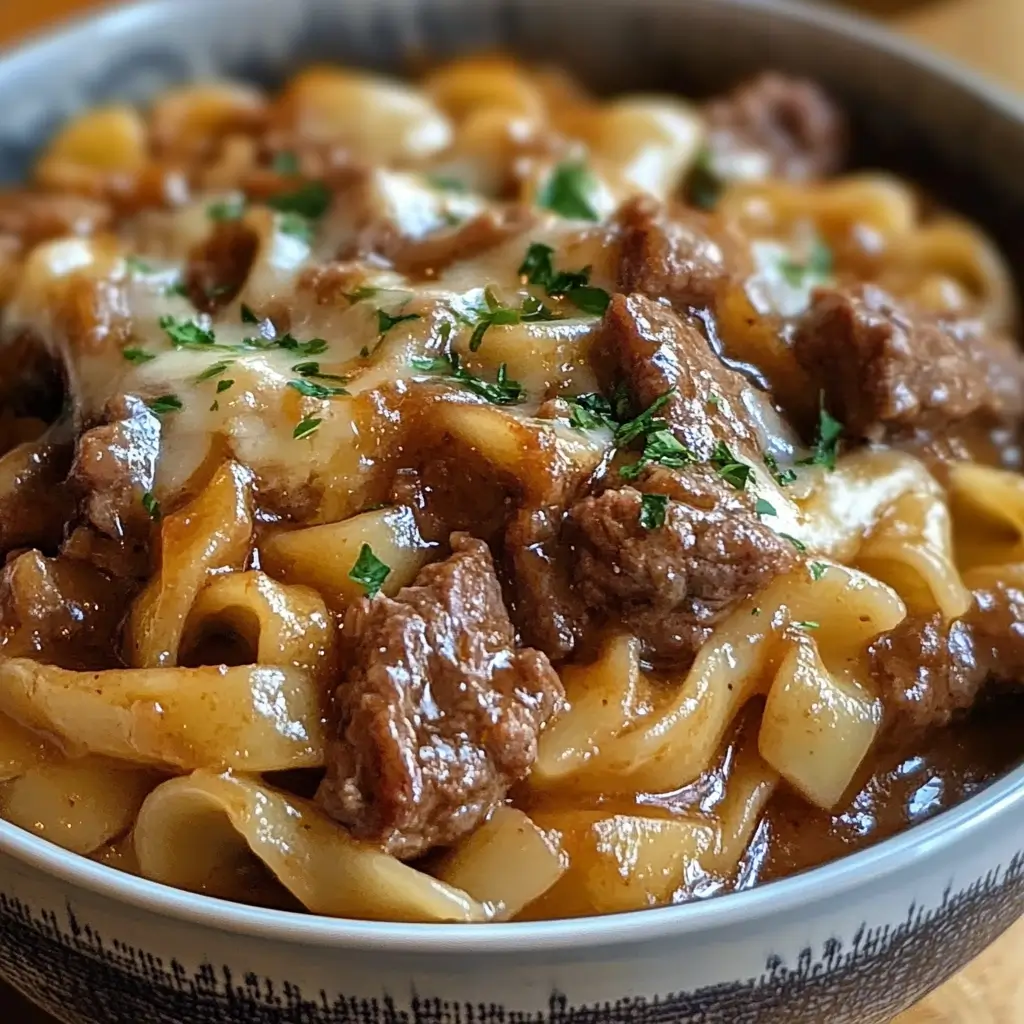 French onion beef and noodles with melted Swiss cheese and caramelized onions