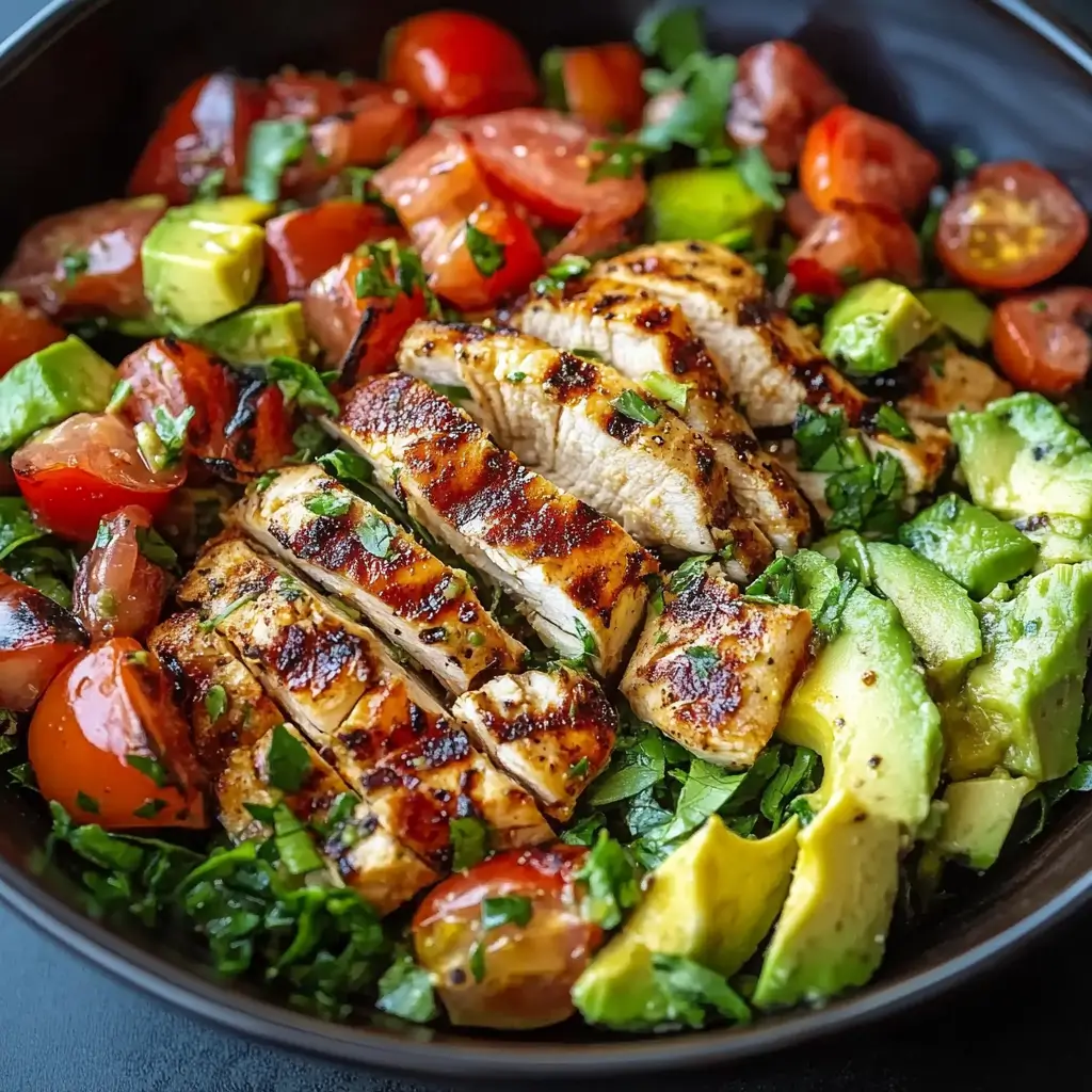 Grilled chicken avocado salad with fresh vegetables and tangy dressing