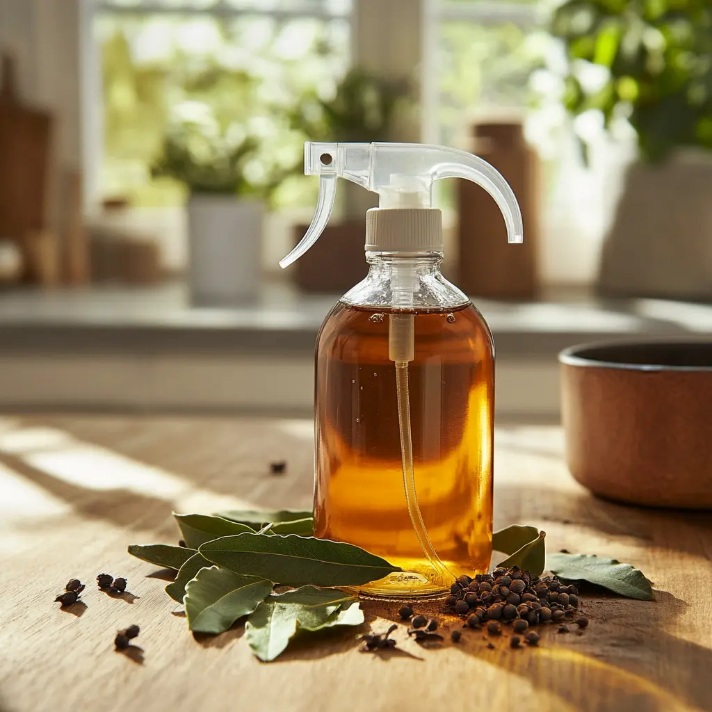Homemade bay leaf and clove natural pest repellent in spray bottle with ingredients