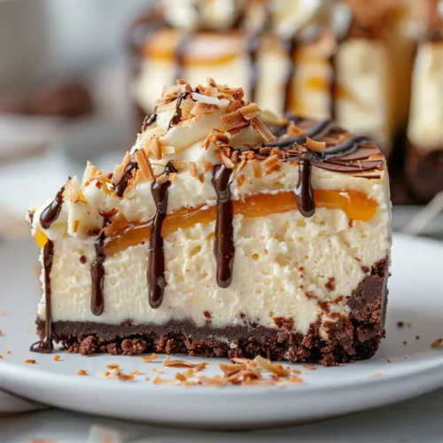 Samoa Cheesecake with caramel, toasted coconut and chocolate drizzle