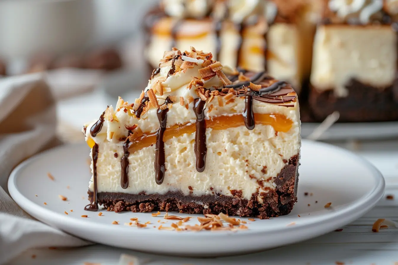 Samoa Cheesecake with caramel, toasted coconut and chocolate drizzle