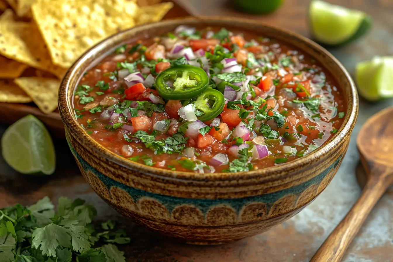 Bowl of fresh homemade salsa with tortilla chips.
