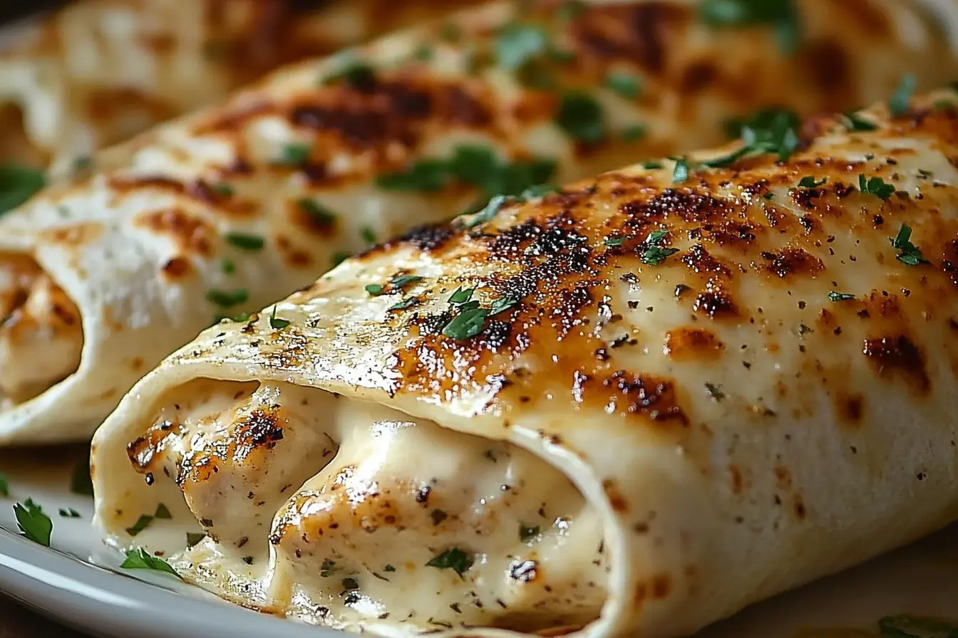 Cheesy garlic chicken wrap recipe cut open showing melty cheese and tender chicken