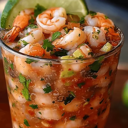 Authentic Mexican shrimp cocktail with avocado and lime in clear glass