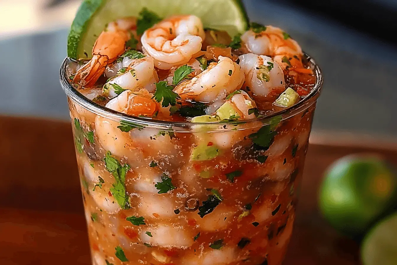 Authentic Mexican shrimp cocktail with avocado and lime in clear glass